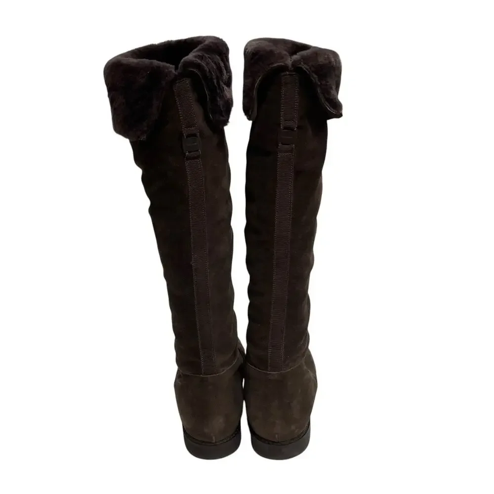 Salvatore Ferragamo Brown Suede Fur Lined Fold Over Pull On Knee Boots Womens 9